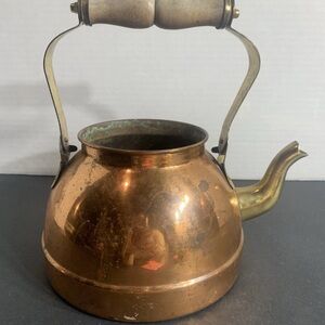 Vintage Copper tea kettle with brass accents and wooden handle